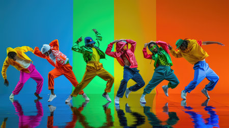 Mosaic layout of young dancers performing hip hop routines in neon environments, vibrant energyの素材