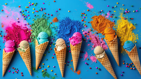 Holi festival powders styled as ice cream scoops in waffle cones, playful and colorful conceptの素材