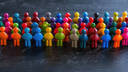 Inclusion-themed layout of multicolored toy figures grouped closely on dark backgroundの素材