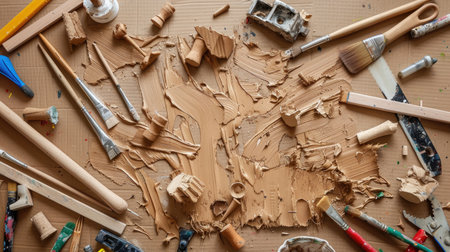 Paintbrushes, chisels, and carving tools scattered around unfinished wooden sculpture on cardboardの素材
