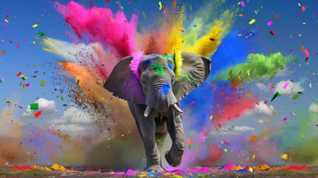 Festive Indian elephant walking through an explosion of rainbow-colored Holi powderの素材