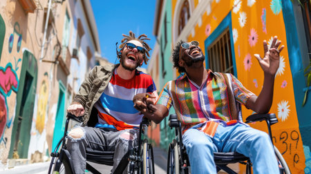 Inclusive digital moment: disabled man laughing with friend while exploring online world togetherの素材