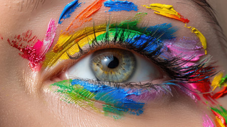 Detailed macro shot of eye with rainbow painted lashes and eyelids, colorful and expressive lookの素材