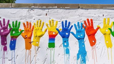 Wall mural featuring rainbow-colored handprints symbolizing unity and LGBT prideの素材