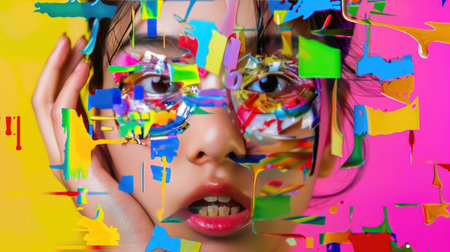 Modern portrait photography with intense glitch effects and warped color overlays, edgy and artisticの素材
