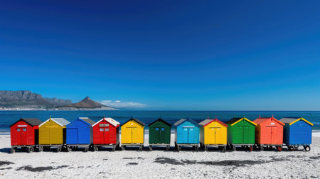Iconic row of colorful beach huts on Muizenberg Beach in False Bay, Cape Town, South Africaの素材