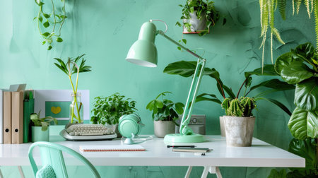 Stylish mint green desk lamp on a white desk in a cozy modern room, pop of pastel colorの素材