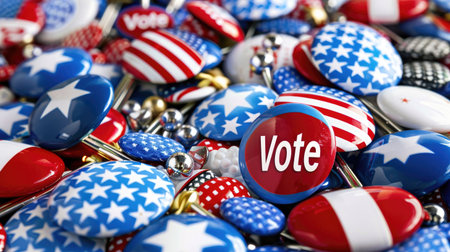 Red, white, and blue "Vote" pins filling the frame, election-themed background for civic engagementの素材