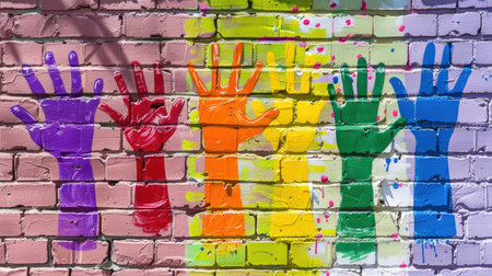 Wall mural featuring rainbow-colored handprints symbolizing unity and LGBT prideの素材