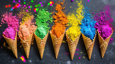 Waffle cones filled with vibrant organic color powders in various shades, creative Holi-inspired dessert styleの素材