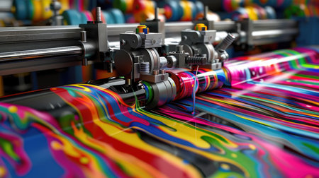 Printing press operation with sheets rolling through in vibrant inks,の素材