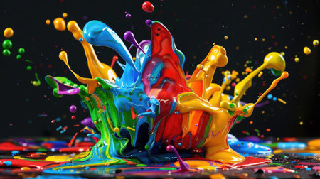 Floating blobs of rainbow paint in motion, fluid abstract form on dark backdropの素材