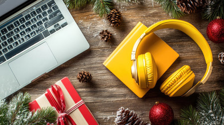 A vibrant yellow pair of headphones rests on a laptop and notebook on a rustic wooden surface, creating a cozy and productive workspace atmosphere.の素材