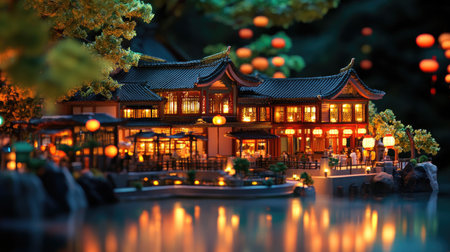 An illuminated miniature Asian restaurant at night, with glowing lanterns and intricate details, capturing the serene and inviting atmosphere of the setting.の素材