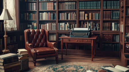 A writer's study with a vintage typewriter, leather chair, and bookshelves filled with classic literature, evoking a timeless, creative workspace.の素材