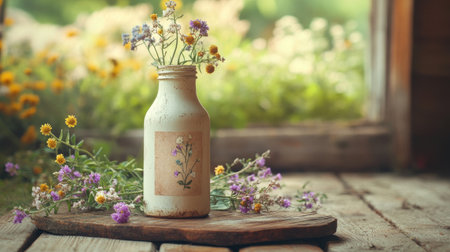 A vintage milk bottle with an organic label, surrounded by wildflowers on a rustic wooden board, evoking a natural, wholesome, and rustic vibe.の素材