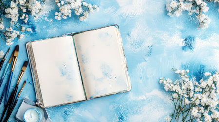 An open sketchbook on a soft blue watercolor backdrop, with brushes, paints, and white and blue flowers, suggesting the creative flow of artistic endeavor.の素材