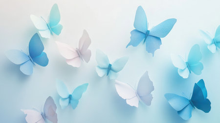 Delicate paper butterflies in various shades of blue floating on a soft pastel background, creating a whimsical and airy atmosphere full of lightness.の素材