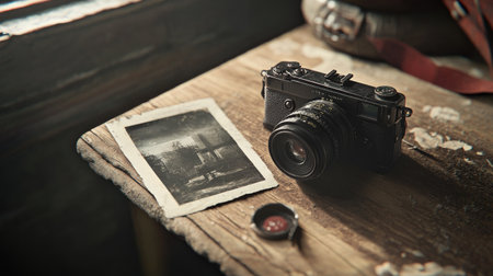 A vintage camera resting on a rustic wood surface with an old photograph beside it, creating a nostalgic, artistic scene.の素材