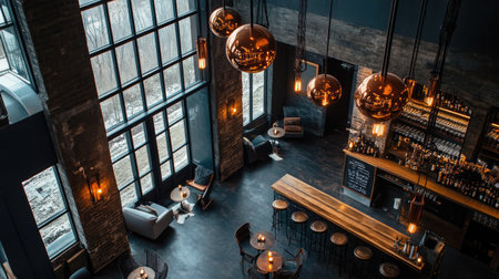 An industrial-inspired modern loft with copper chandeliers, dark decor, and large windows that bring in abundant natural light, creating a trendy atmosphere.の素材