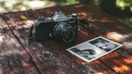 A vintage camera resting on a rustic wood surface with an old photograph beside it, creating a nostalgic, artistic scene.の素材