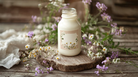 A vintage milk bottle with an organic label, surrounded by wildflowers on a rustic wooden board, evoking a natural, wholesome, and rustic vibe.の素材