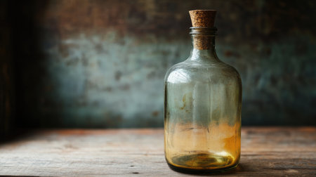 An antique glass bottle with a cork positioned on a wooden surface, capturing the timeless beauty of vintage decor in soft natural lighting.の素材