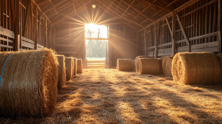 A warm, rustic barn filled with hay bales, with sunlight streaming through the wooden slats, casting a soft glow on the country-inspired setting.の素材