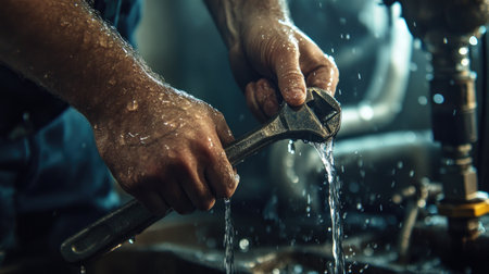 Close-up view of a plumber hands using a wrench to fix a leaking pipe under a sink, with visible water droplets adding dramatic effect to the action.の素材