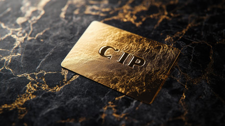 Close-up of a gold VIP card placed on dark marble, bathed in soft lighting, highlighting its premium design, reflecting the elegance of an upscale membership.の素材