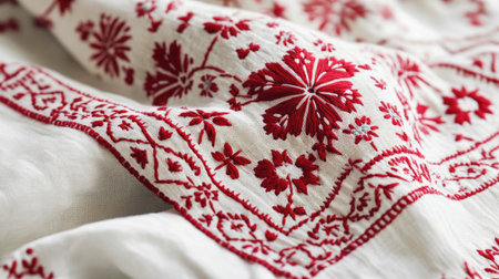 Close-up of traditional red embroidery on white linen, featuring intricate floral and geometric patterns that highlight expert folk art craftsmanship.の素材