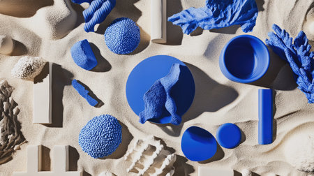 Cobalt blue objects placed creatively on a sand-colored background, showcasing an abstract and minimalistic design with striking contrasts.の素材