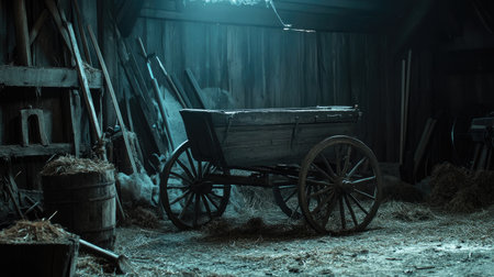 A vintage wooden cart in a barn, accompanied by rustic tools and bathed in soft gray-blue light, creating a tranquil, countryside atmosphere.の素材