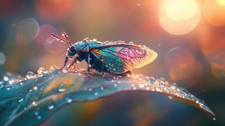 An iridescent beetle perched on a leaf, with delicate dew drops sparkling around it, highlighting the beauty of nature and its intricate details.の素材