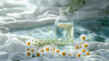 An eco-friendly still life featuring herbal-infused water in a glass bottle, surrounded by chamomile flowers and a soft linen napkin, evoking natural serenity.の素材