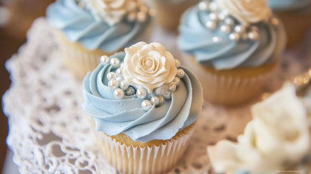 Beautifully decorated cupcakes with soft blue frosting and delicate edible pearls, placed on vintage lace, creating a refined and celebratory atmosphere.の素材