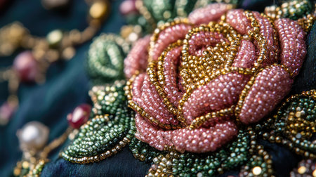 Close-up of intricate floral beadwork embroidery featuring shimmering pink, green, and gold beads, forming an elegant rose pattern on luxurious fabric.の素材