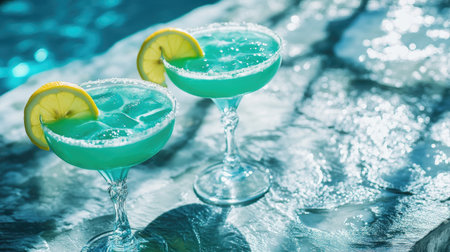 Bright turquoise cocktails with lemon slices set on a textured table by the seaside, evoking a cool and refreshing atmosphere perfect for summer.の素材