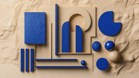 Cobalt blue objects placed creatively on a sand-colored background, showcasing an abstract and minimalistic design with striking contrasts.の素材