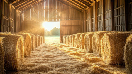 A warm, rustic barn filled with hay bales, with sunlight streaming through the wooden slats, casting a soft glow on the country-inspired setting.の素材