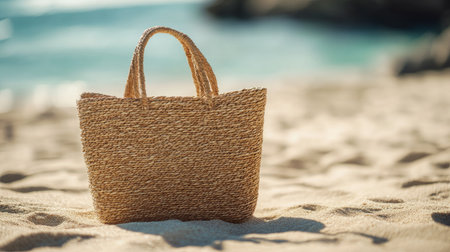 Boho beach bag resting on soft sunlit sand with woven textures, evoking coastal elegance and warmth, ideal for a laid-back seaside escape.の素材
