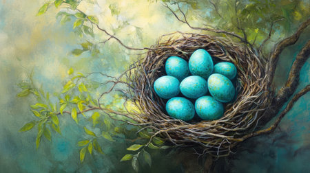 Vibrant turquoise eggs nestled in a bird's nest, resting on a green tree branch, symbolizing the beauty of life and renewal in the spring season.の素材
