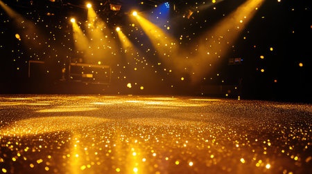 Golden glitter lights on the floor, illuminated by dramatic stage lights, creating a dazzling and captivating atmosphere in a performance setting.の素材