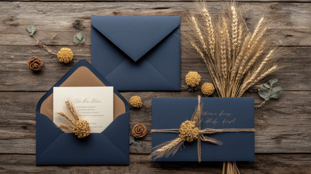 An elegant handmade invitation set with navy blue envelopes, wheat embellishments, and gold calligraphy, beautifully placed on a rustic wooden background.の素材