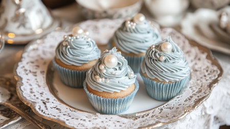 Beautifully decorated cupcakes with soft blue frosting and delicate edible pearls, placed on vintage lace, creating a refined and celebratory atmosphere.の素材