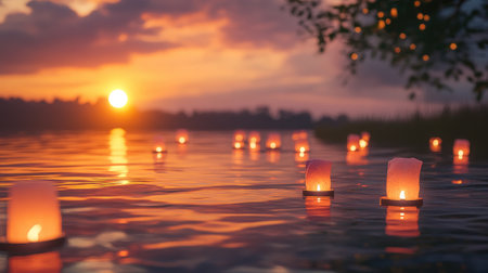 Floating lanterns gently illuminate a serene lake at sunset, with stunning pink and orange skies reflecting on the water surface, creating a peaceful, magical scene.の素材