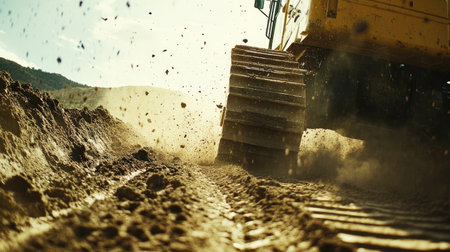 Close-up view of a bulldozer's tracks in motion as it moves earth on a construction site, showcasing the power and precision of heavy machinery in action.の素材