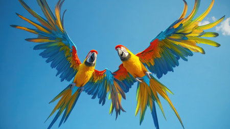 Two colorful macaws in mid-flight against a clear blue sky, displaying their vibrant feathers in an effortless display of freedom and beauty.の素材