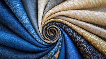 Luxurious fabric swatches in shades of indigo, cobalt, beige, and gold, arranged in a spiral pattern on a neutral background, perfect for design inspiration.の素材