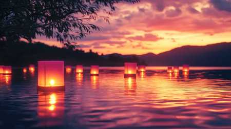 Floating lanterns gently illuminate a serene lake at sunset, with stunning pink and orange skies reflecting on the water surface, creating a peaceful, magical scene.の素材